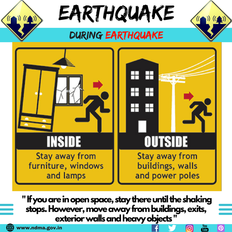 If you are in open spaces, stay there until the shaking stops. However, move away from buildings, exits, exterior walls and heavy objects.